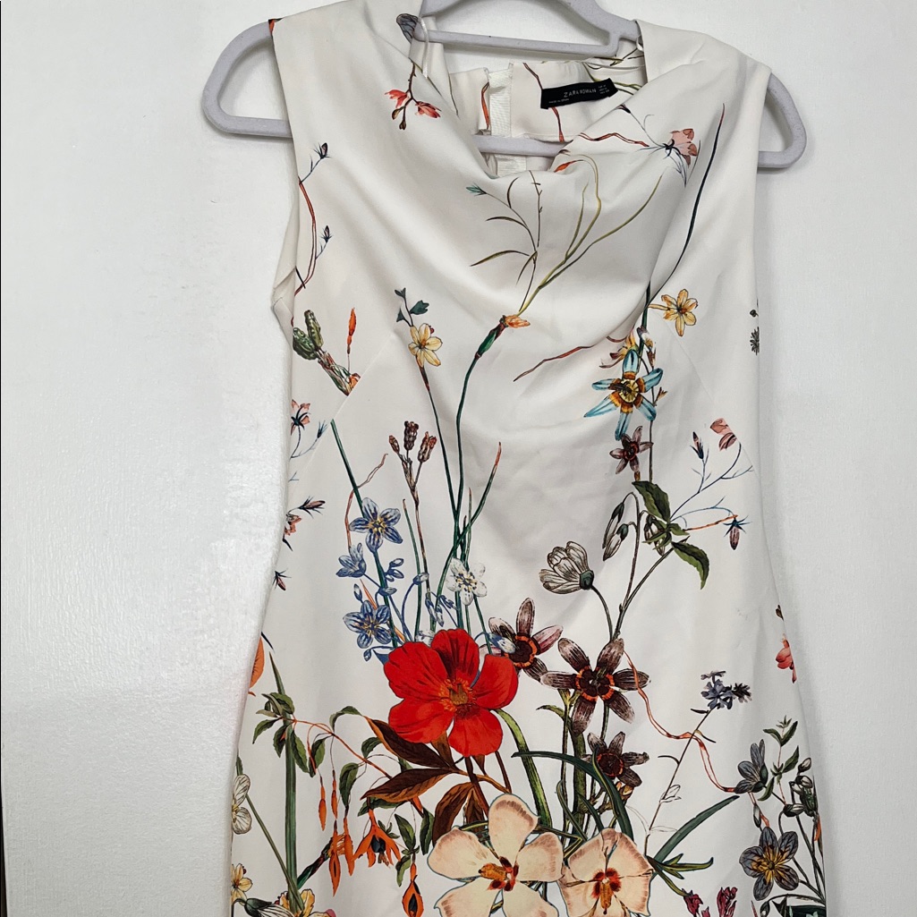 Zara White Floral Cowl-Neck Midi Dress With Red Bloom
